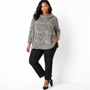 Talbots Plus Womens Black White Animal Print‎ Long Sleeve Collar Top Blouse 3X